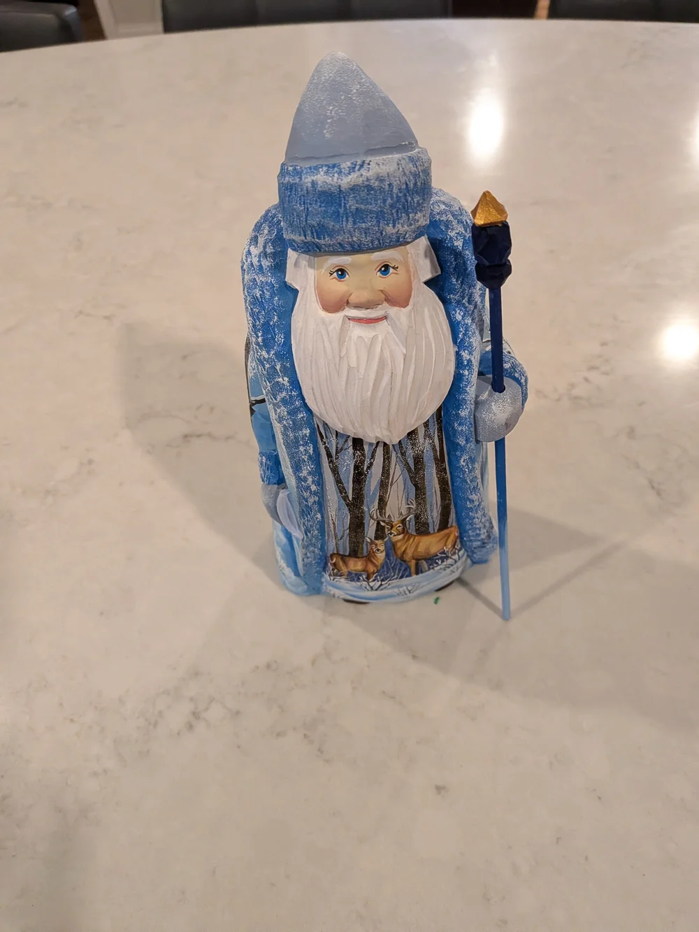 Wood Hand Carved & Painted Blue Santa Figurine Holiday Decoration 9.5